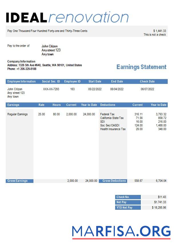 Downloadable Home renovation company paystub sample